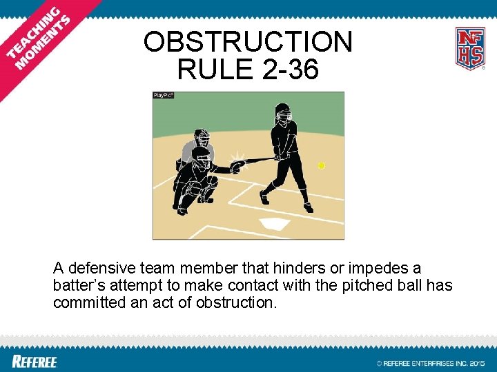 OBSTRUCTION RULE 2 -36 A defensive team member that hinders or impedes a batter’s