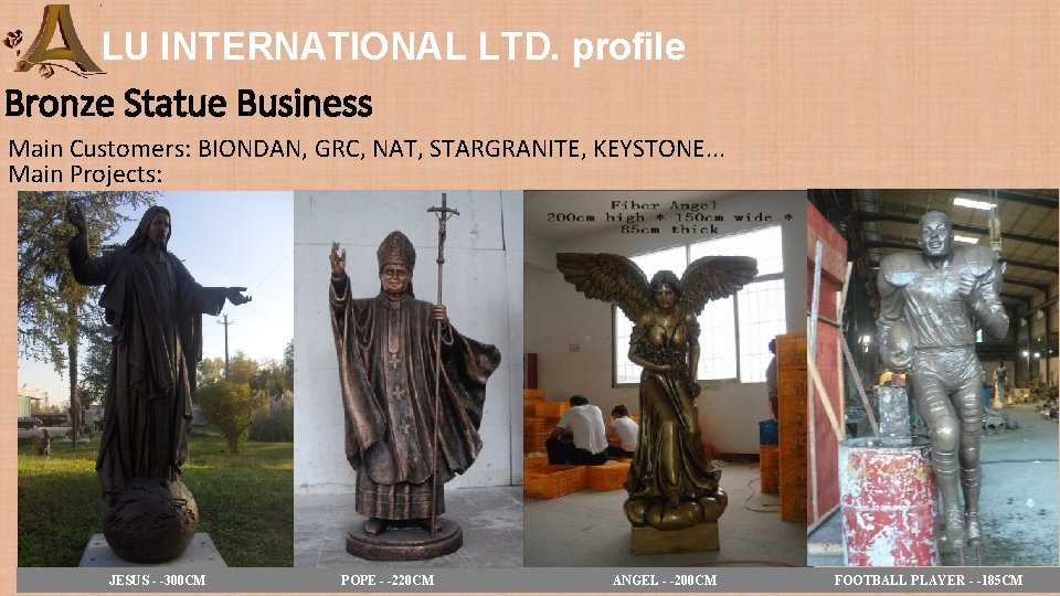 LU INTERNATIONAL LTD. profile Bronze Statue Business Main Customers: BIONDAN, GRC, NAT, STARGRANITE, KEYSTONE. LU INTERNATIONAL LTD. profile Bronze Statue Business Main Customers: BIONDAN, GRC, NAT, STARGRANITE, KEYSTONE.