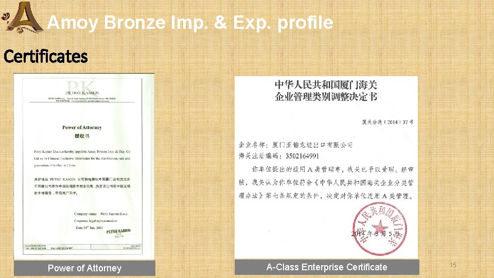 Amoy Bronze Imp. & Exp. profile Certificates Power of Attorney A-Class Enterprise Certificate 15 Amoy Bronze Imp. & Exp. profile Certificates Power of Attorney A-Class Enterprise Certificate 15