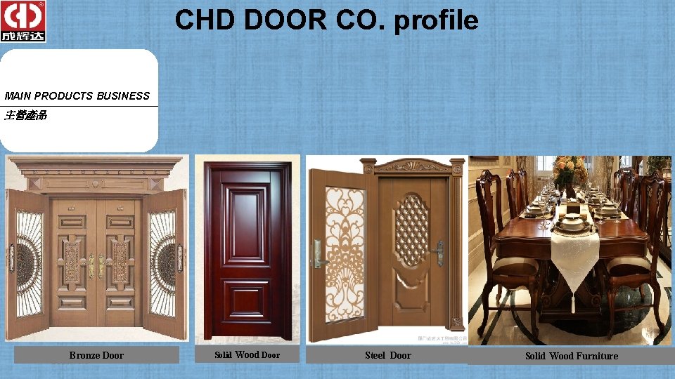 CHD DOOR CO. profile www. chddoor. com MAIN PRODUCTS BUSINESS 主營產品 Bronze Door 2020/10/3 CHD DOOR CO. profile www. chddoor. com MAIN PRODUCTS BUSINESS 主營產品 Bronze Door 2020/10/3