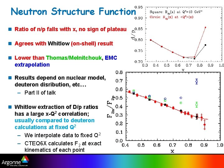 Neutron Structure Function n Ratio of n/p falls with x, no sign of plateau