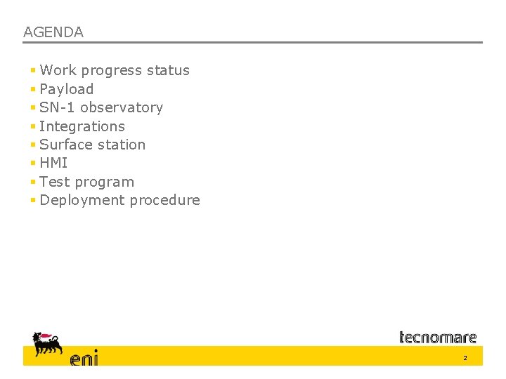 AGENDA § Work progress status § Payload § SN-1 observatory § Integrations § Surface