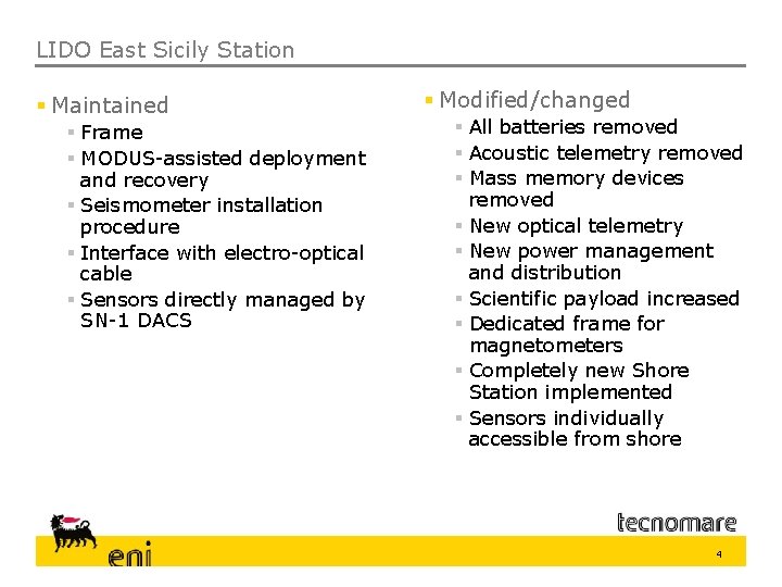 LIDO East Sicily Station § Maintained § Frame § MODUS-assisted deployment and recovery §