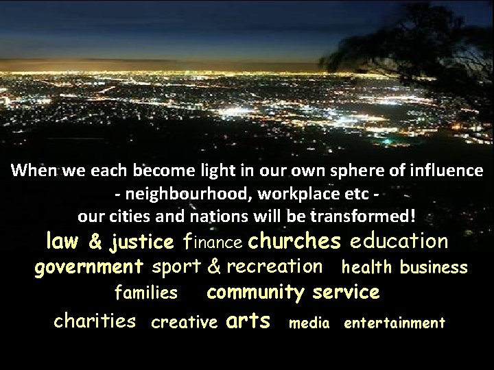 When we each become light in our own sphere of influence - neighbourhood, workplace