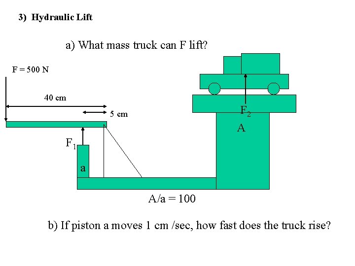 3) Hydraulic Lift a) What mass truck can F lift? F = 500 N