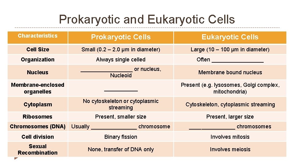 Prokaryotic and Eukaryotic Cells Characteristics Prokaryotic Cells Eukaryotic Cells Cell Size Small (0. 2