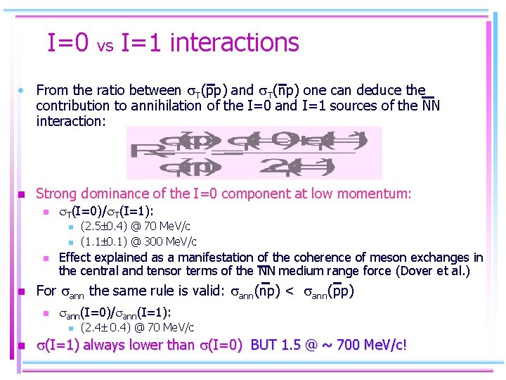 I=0 vs I=1 interactions • From the ratio between T(pp) and T(np) one can