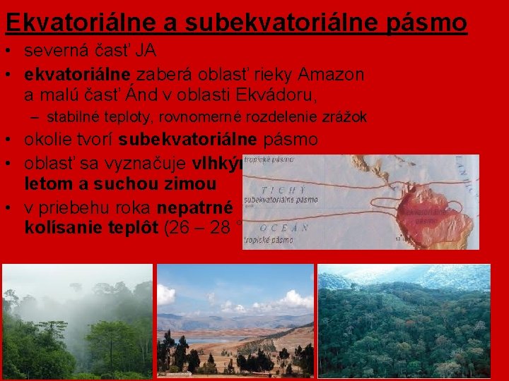 Ekvatoriálne a subekvatoriálne pásmo • severná časť JA • ekvatoriálne zaberá oblasť rieky Amazon