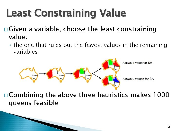 Least Constraining Value � Given value: a variable, choose the least constraining ◦ the