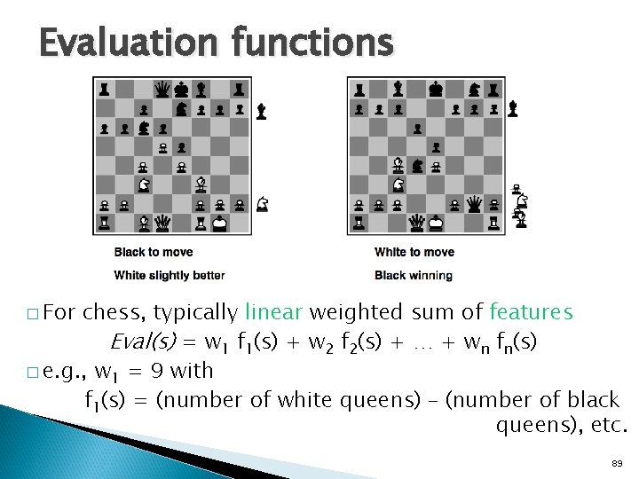 Evaluation functions � For chess, typically linear weighted sum of features Eval(s) = w