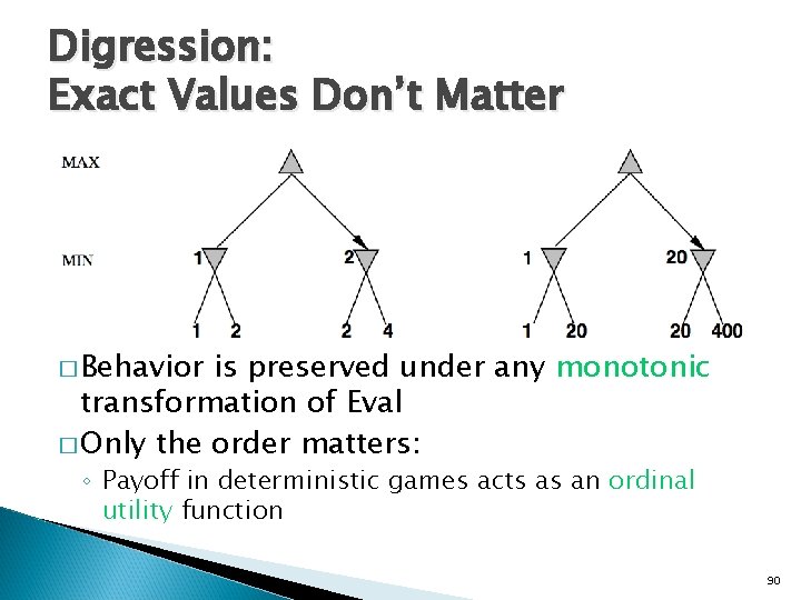 Digression: Exact Values Don’t Matter � Behavior is preserved under any monotonic transformation of