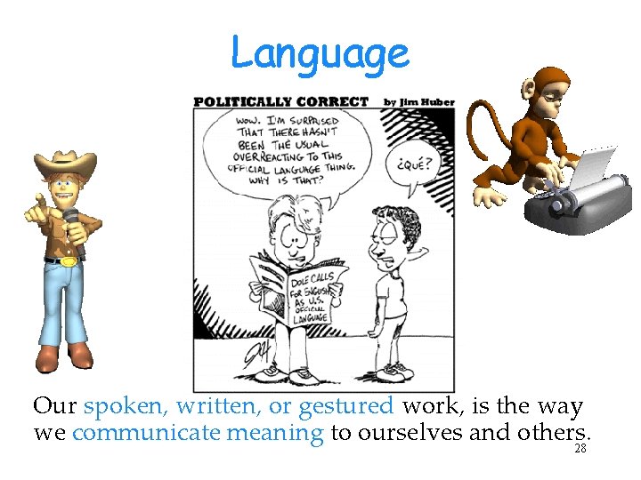 Language Our spoken, written, or gestured work, is the way we communicate meaning to