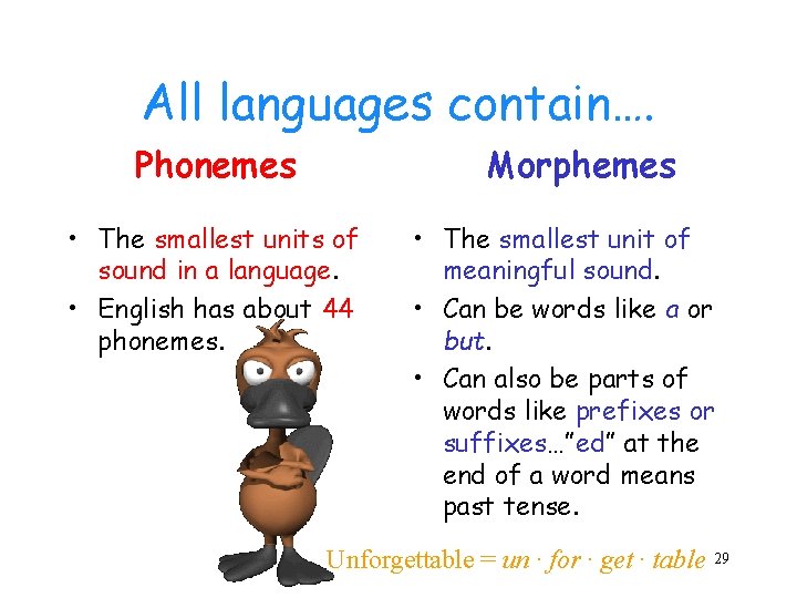 All languages contain…. Phonemes Morphemes • The smallest units of sound in a language.