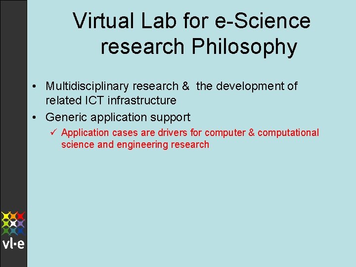 Virtual Lab for e-Science research Philosophy • Multidisciplinary research & the development of related