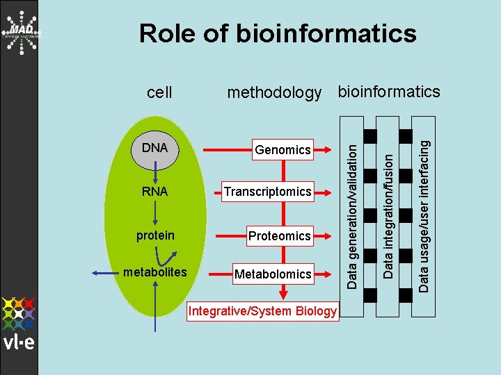 Role of bioinformatics Genomics RNA Transcriptomics protein metabolites Proteomics Metabolomics Integrative/System Biology Data usage/user