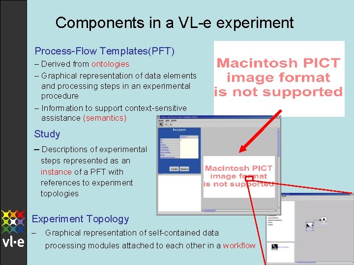 Components in a VL-e experiment Process-Flow Templates(PFT) – Derived from ontologies – Graphical representation