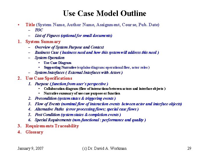 Use Case Model Outline • Title (System Name, Author Name, Assignment, Course, Pub. Date)