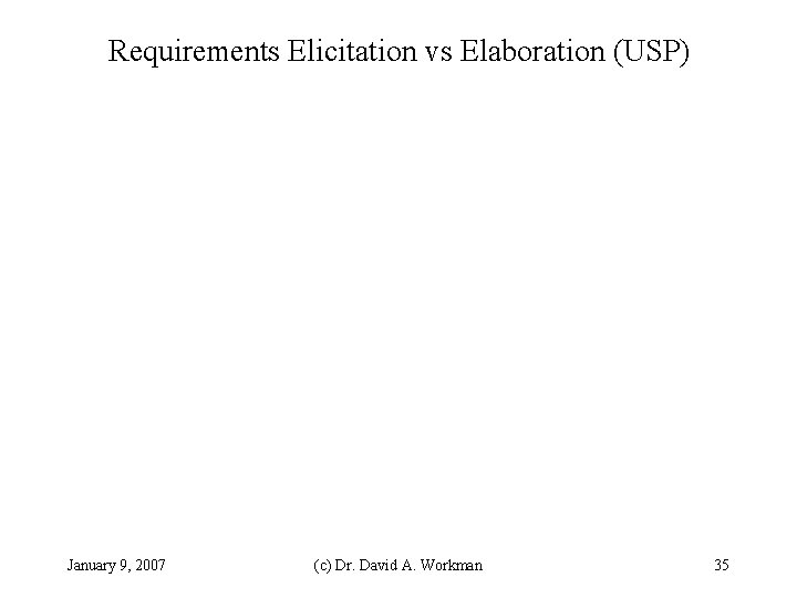 Requirements Elicitation vs Elaboration (USP) January 9, 2007 (c) Dr. David A. Workman 35