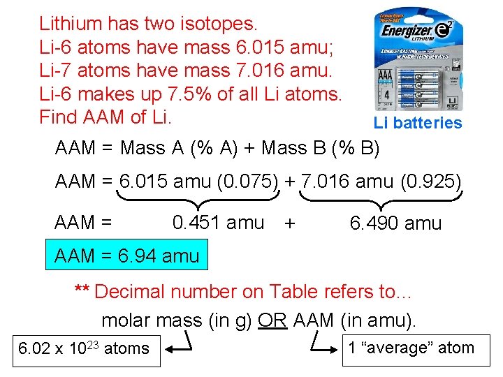 Lithium has two isotopes. Li-6 atoms have mass 6. 015 amu; Li-7 atoms have Lithium has two isotopes. Li-6 atoms have mass 6. 015 amu; Li-7 atoms have