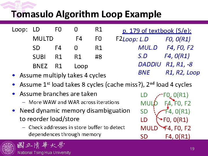 Tomasulo Algorithm Loop Example Loop: LD F 0 0 R 1 p. 179 of Tomasulo Algorithm Loop Example Loop: LD F 0 0 R 1 p. 179 of