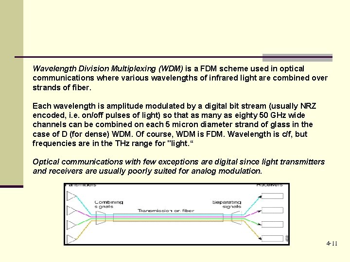 Wavelength Division Multiplexing (WDM) is a FDM scheme used in optical communications where various