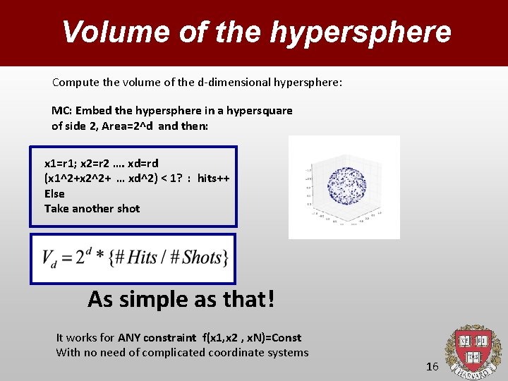 Volume of the hypersphere Compute the volume of the d-dimensional hypersphere: MC: Embed the