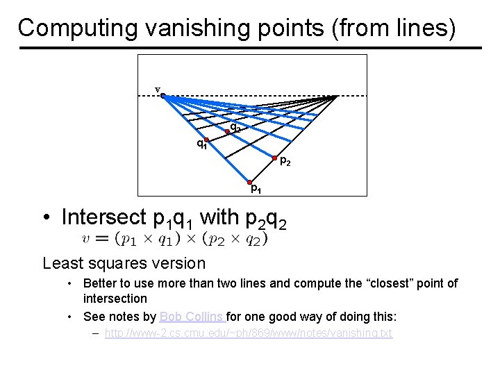 Computing vanishing points (from lines) v q 2 q 1 p 2 p 1