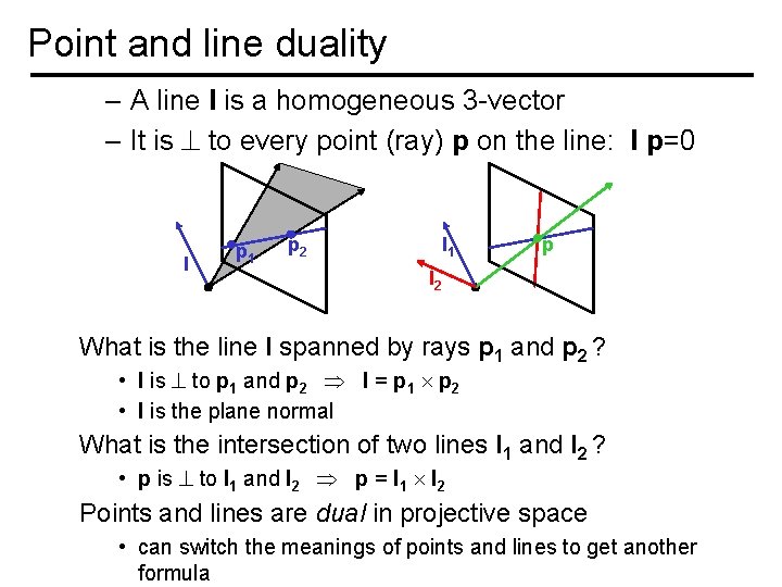 Point and line duality – A line l is a homogeneous 3 -vector –