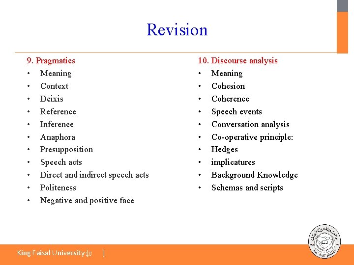 Revision 9. Pragmatics • Meaning • Context • Deixis • Reference • Inference •