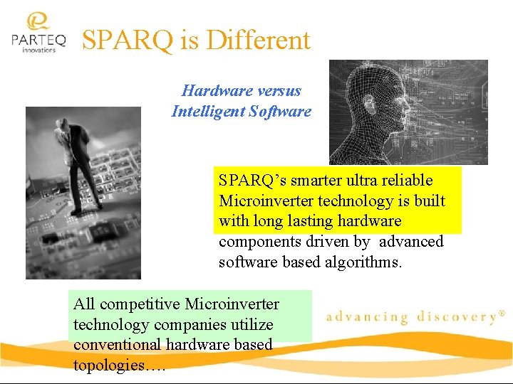 SPARQ is Different Hardware versus Intelligent Software SPARQ’s smarter ultra reliable Microinverter technology is
