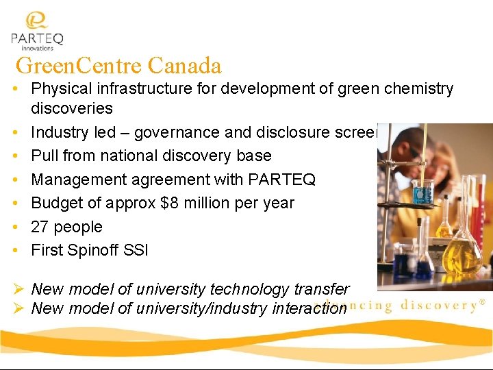 Green. Centre Canada • Physical infrastructure for development of green chemistry discoveries • Industry