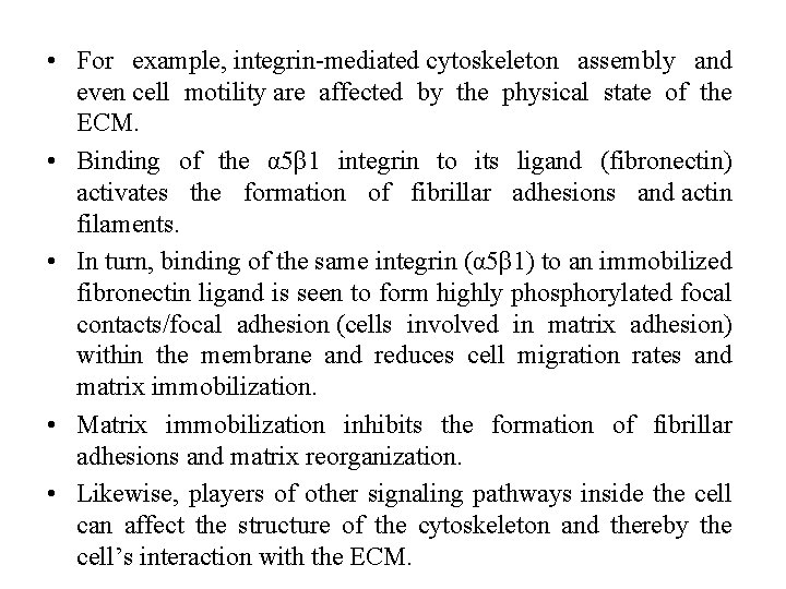  • For example, integrin-mediated cytoskeleton assembly and even cell motility are affected by