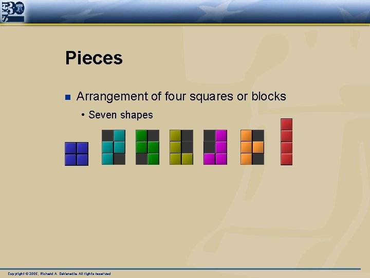 Pieces n Arrangement of four squares or blocks • Seven shapes Copyright © 2005