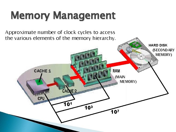 Memory Management Approximate number of clock cycles to access the various elements of the