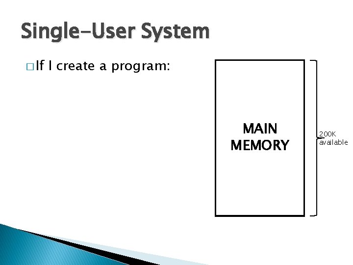 Single-User System � If I create a program: MAIN MEMORY 200 K available 