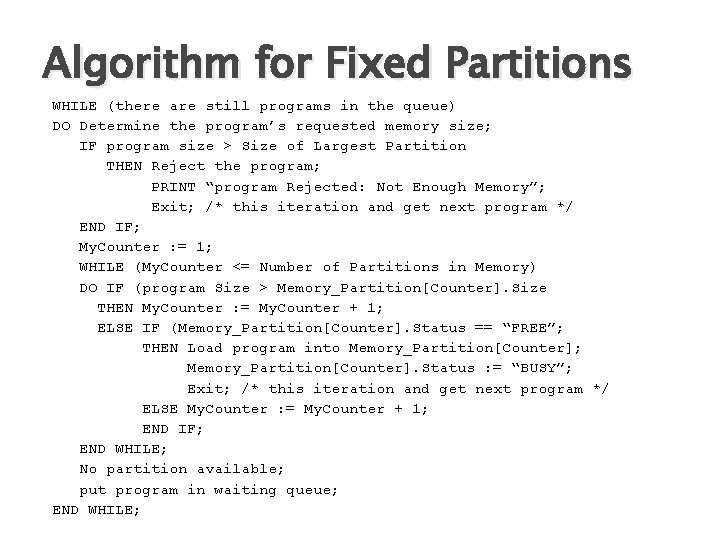 Algorithm for Fixed Partitions WHILE (there are still programs in the queue) DO Determine