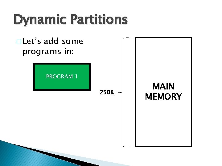 Dynamic Partitions � Let’s add some programs in: PROGRAM 1 250 K MAIN MEMORY