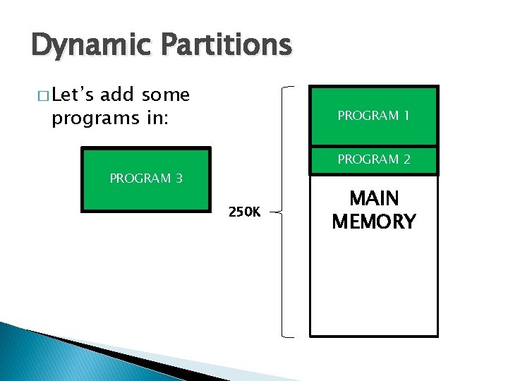 Dynamic Partitions � Let’s add some programs in: PROGRAM 1 PROGRAM 2 PROGRAM 3