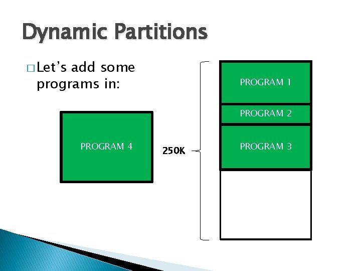 Dynamic Partitions � Let’s add some programs in: PROGRAM 1 PROGRAM 2 PROGRAM 4
