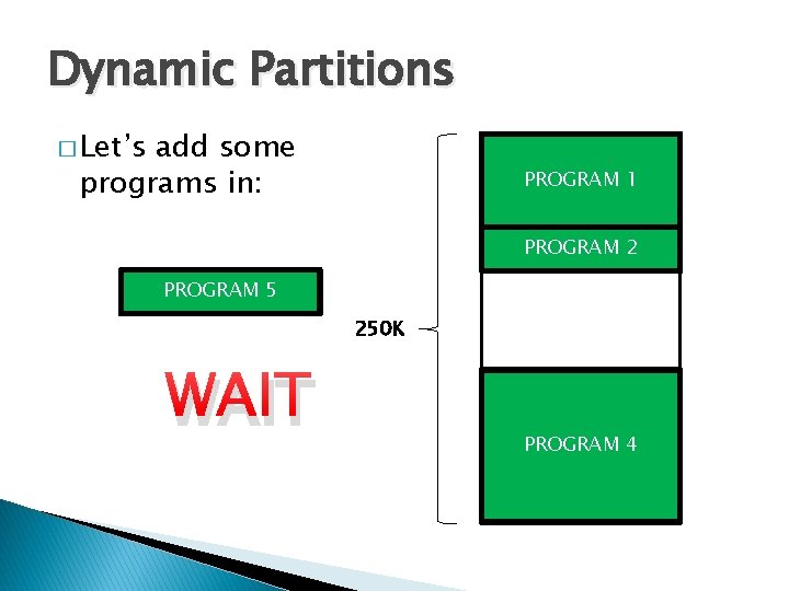 Dynamic Partitions � Let’s add some programs in: PROGRAM 1 PROGRAM 2 PROGRAM 5