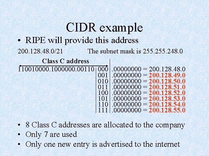 CIDR example • RIPE will provide this address 200. 128. 48. 0/21 The subnet