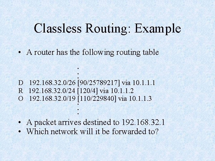 Classless Routing: Example • A router has the following routing table. . . D