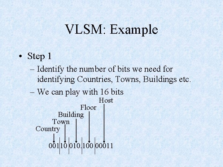 VLSM: Example • Step 1 – Identify the number of bits we need for