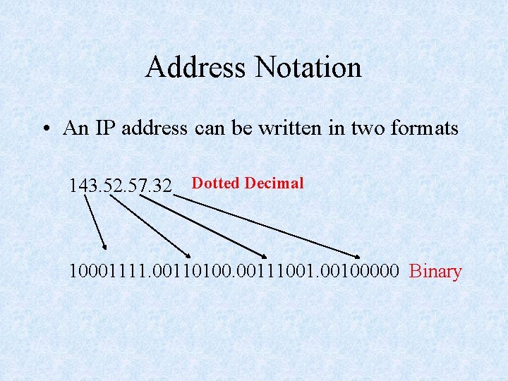 Address Notation • An IP address can be written in two formats 143. 52.