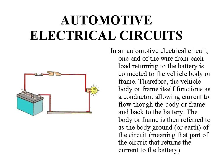 AUTOMOTIVE ELECTRICAL CIRCUITS In an automotive electrical circuit, one end of the wire from