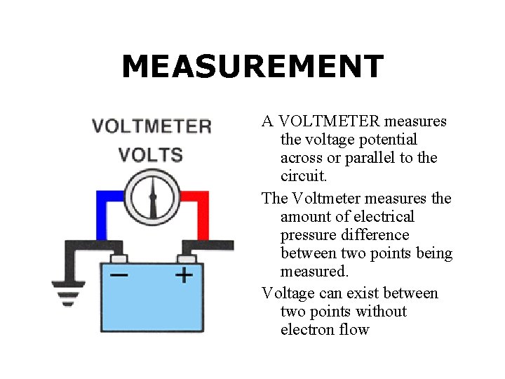 MEASUREMENT A VOLTMETER measures the voltage potential across or parallel to the circuit. The