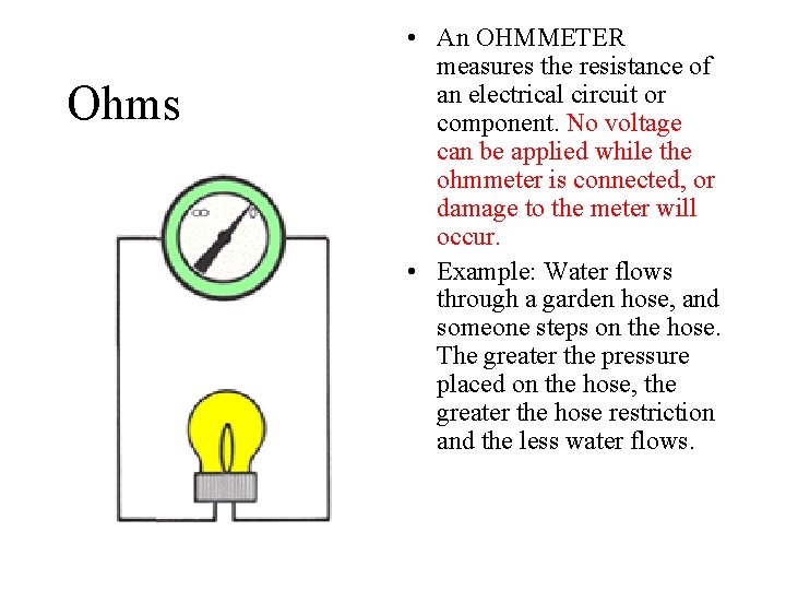 Ohms • An OHMMETER measures the resistance of an electrical circuit or component. No