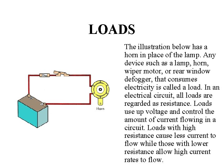 LOADS The illustration below has a horn in place of the lamp. Any device