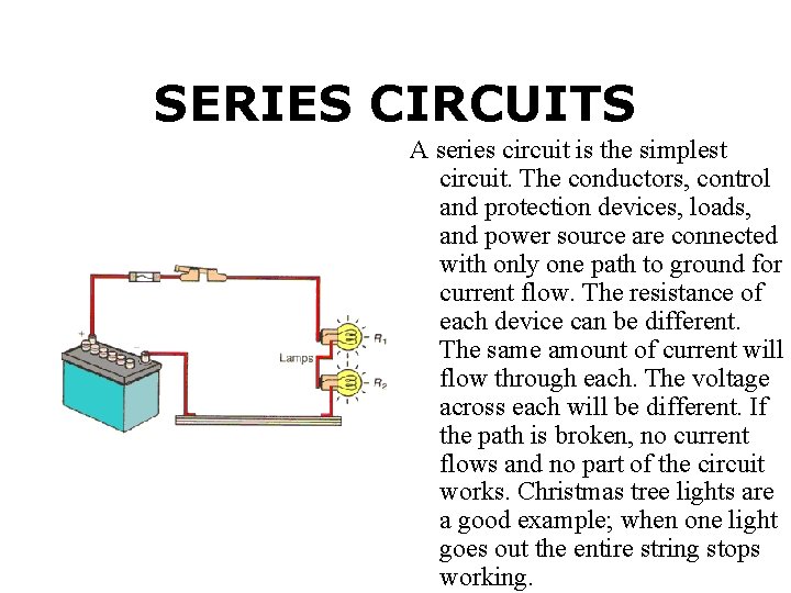 SERIES CIRCUITS A series circuit is the simplest circuit. The conductors, control and protection