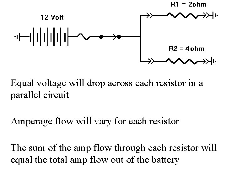  Equal voltage will drop across each resistor in a parallel circuit Amperage flow